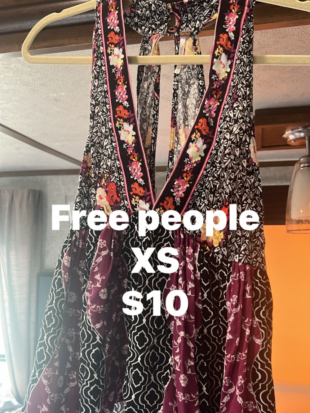 Free People Black & Burgundy Mixed-Print Halter Maxi Dress